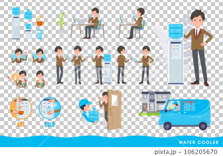 一套飲水機和西裝外套男學生。易於編輯的矢量藝術。 106205670