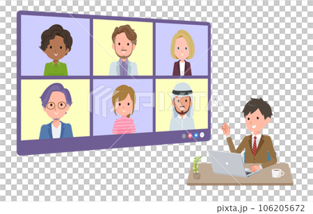 A set of blazer male students having an online meeting with multiple people. depth angle. A set of blazer male students having an online meeting with multiple people. depth angle. 106205672