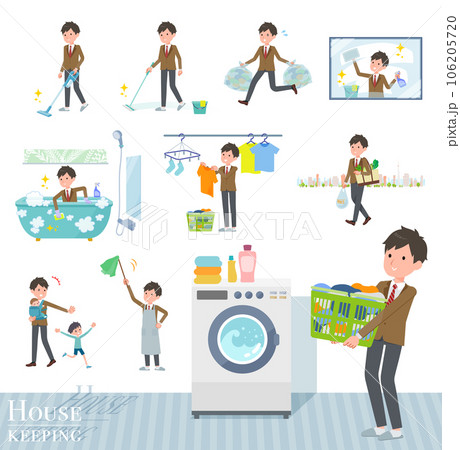 掃除や洗濯など家事に関するブレザー男子学生のセット 106205720