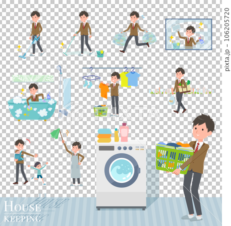 掃除や洗濯など家事に関するブレザー男子学生のセット 106205720