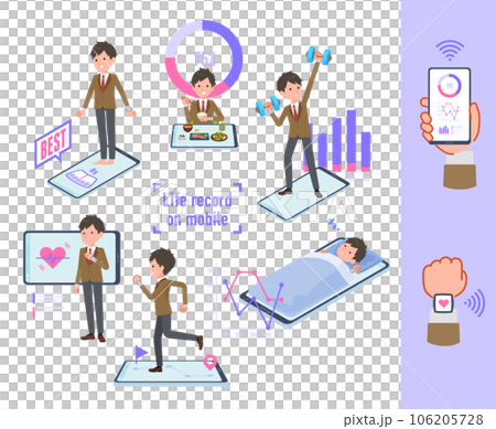 スマートフォンで行動と健康を管理しているブレザー男子学生のセット 106205728