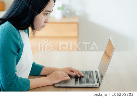 ノートパソコンで調べものをする若い女性 ノートパソコンで調べものをする若い女性 106205802
