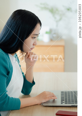 ノートパソコンで調べものをする若い女性 ノートパソコンで調べものをする若い女性 106205803