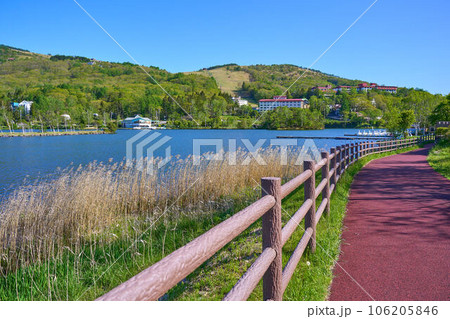春の長野県の白樺湖西側湖畔からの風景 106205846