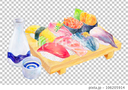 水彩イラスト にぎり寿司と日本酒のセット 水彩イラスト にぎり寿司と日本酒のセット 106205914