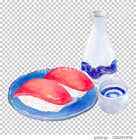 Watercolor illustration Nigiri sushi and sake Watercolor illustration Nigiri sushi and sake 106205956