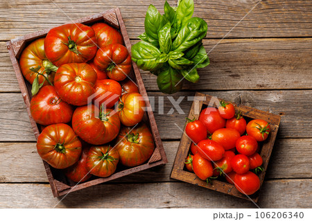 Assorted tomatoes in rustic crate 106206340
