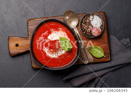 Refreshing homemade cold tomato gazpacho soup 106206345