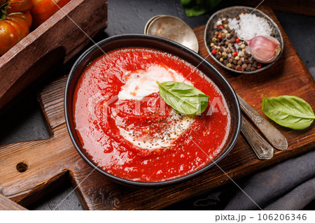 Refreshing homemade tomato gazpacho soup 106206346
