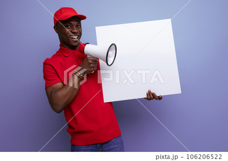 young american man dressed in a baseball cap and t-shirt uniform reporting the news on a poster 106206522