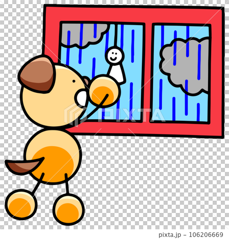 An illustration of a dog hanging a teru teru shaved head in the window (horizontal reversed version) dog An illustration of a dog hanging a teru teru shaved head in the window (horizontal reversed version) dog 106206669