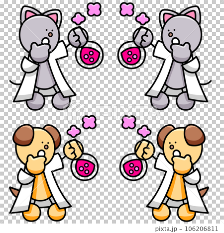 実験するわんまるとにゃんまるのイラストセット　犬　猫 106206811
