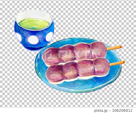水彩イラスト　あん団子と日本茶のセット 106206812