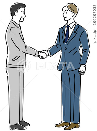握手する作業服男性とスーツの男性のシンプル線画（全身） 106207032