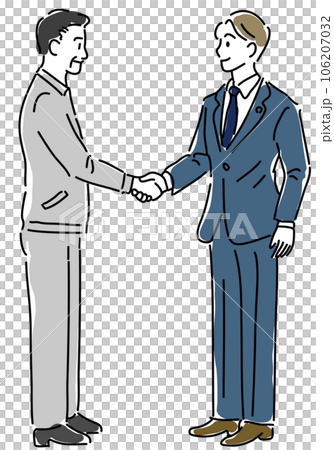 握手する作業服男性とスーツの男性のシンプル線画（全身） 106207032
