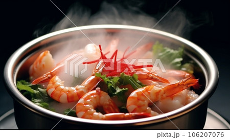 海老を黒背景で撮影した海鮮丼 106207076