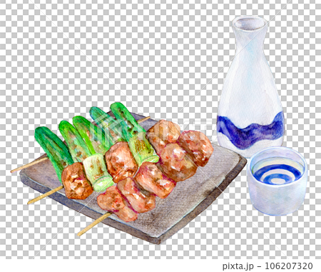 水彩イラスト　焼き鳥と日本酒のセット 106207320