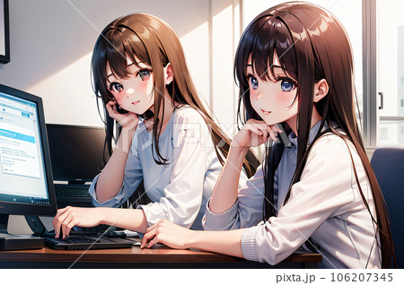 パソコンで調べごとをしている二人の若い女性のAI生成画像 パソコンで調べごとをしている二人の若い女性のAI生成画像 106207345