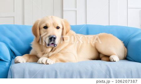 Golden Retriever Relaxing on Blue Couch in Living Room. Generative AI. 106207387