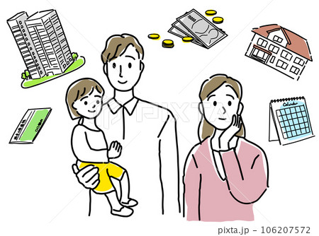 住宅の購入を検討する若い夫婦のシンプル線画 住宅の購入を検討する若い夫婦のシンプル線画 106207572