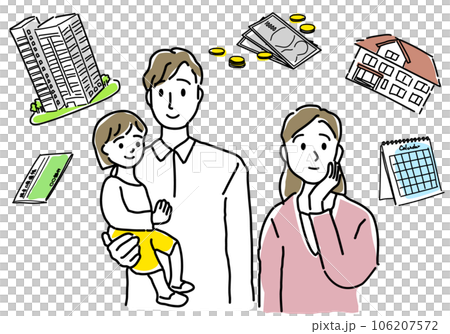 Simple line drawing of a young couple considering buying a house Simple line drawing of a young couple considering buying a house 106207572