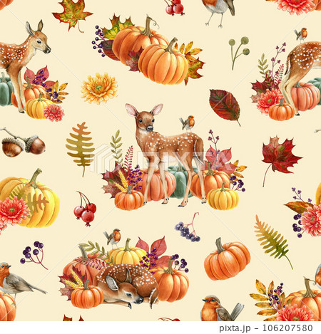 Autumn cozy floral seamless pattern with pumpkins, fawn and birds. Watercolor illustration. Autumn decor in bright warm colors. Natural elements, fall time flowers and leaves seamless pattern 106207580