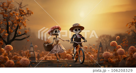 Eternal Love: Smiling Skeleton Couple on a Floral Bridge Eternal Love: Smiling Skeleton Couple on a Floral Bridge 106208329