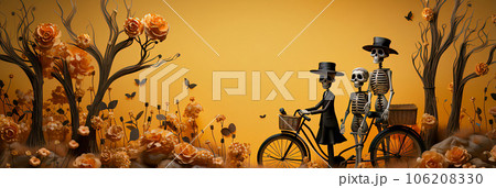 Autumn Adventure: Skeleton Trio on a Tandem Bicycle Amidst Forest and Flowers Autumn Adventure: Skeleton Trio on a Tandem Bicycle Amidst Forest and Flowers 106208330