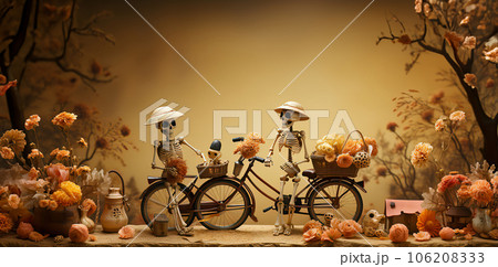 Day of the Dead Bicyclists: Skeletons Celebrating Amidst Autumn Flowers Day of the Dead Bicyclists: Skeletons Celebrating Amidst Autumn Flowers 106208333