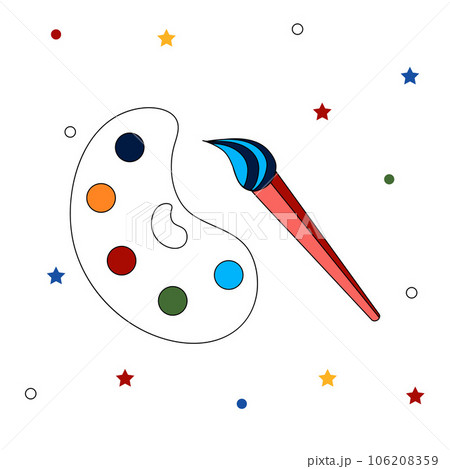 Vector palette with paints and brush isolated on white. Modern school illustration with outline. 106208359