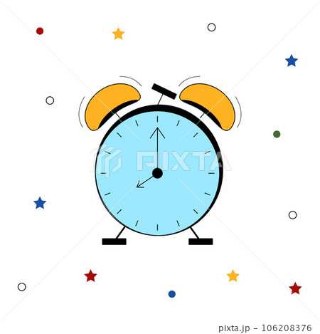 Retro alarm clock mechanical round with golden bells. Doodle Flat isolated Vector illustration. Retro alarm clock mechanical round with golden bells. Doodle Flat isolated Vector illustration. 106208376