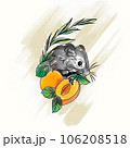 Stylish watercolor illustration in doodle style, mouse with apricot in leaves 106208518
