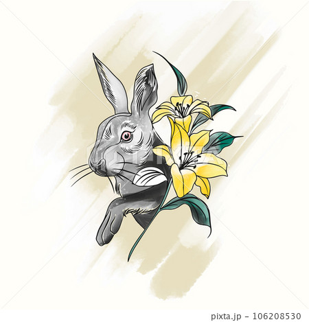Watercolor lilies with beautiful rabbit in doodle style 106208530