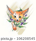 Watercolor fox with sprouts and olive berries in doodle 106208545