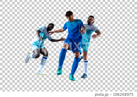 Isolated football  player plays with soccerball in a match Isolated football  player plays with soccerball in a match 106208975