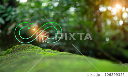 Concepts of waste reduction, pollution, reuse, efficient use of resources. Environmental protection sign by recycling on circular wooden board on nature background. 106209323