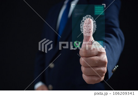 Businessman scan fingerprint biometric identity and approval. Secure access granted by valid fingerprint scan, Business Technology Safety Internet Network Concept, Business Technology Safety Internet Businessman scan fingerprint biometric identity and approval. Secure access granted by valid fingerprint scan, Business Technology Safety Internet Network Concept, Business Technology Safety Internet 106209341