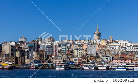 Galata Tower in Istanbul, Beautiful landmark Beyoglu district old houses with Galata tower, Turkey, Istanbul cityscape in Turkey with Galata Tower, Istanbul, Turkiye. Galata Tower in Istanbul, Beautiful landmark Beyoglu district old houses with Galata tower, Turkey, Istanbul cityscape in Turkey with Galata Tower, Istanbul, Turkiye. 106209812