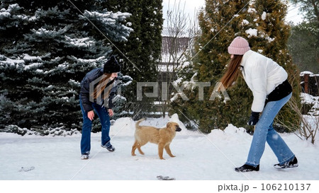 Two happy teenage girls playing outdoors with dogs on snowy winter day. Kids with animals, games with pets. Two happy teenage girls playing outdoors with dogs on snowy winter day. Kids with animals, games with pets. 106210137