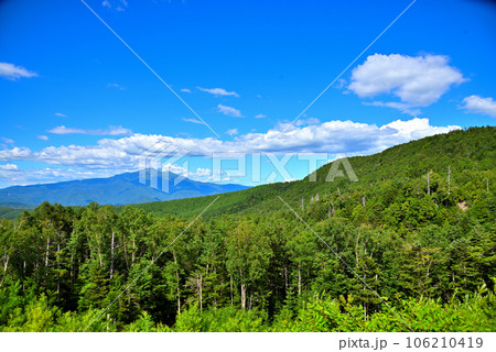 《岐阜県》高山市朝日町岐阜県道435号から見る緑豊かな夏の乗鞍岳 106210419