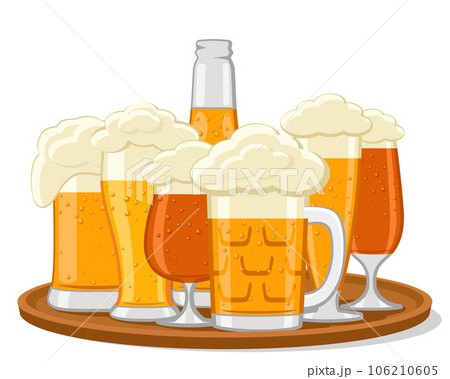 Set of glasses of beer on a tray close-up on a white background. isolated 106210605