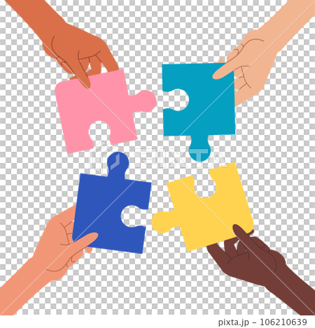 Multiple hands holding puzzle pieces 106210639