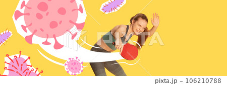 Contemporary art collage. Athletic, fit girl in sport uniform, with table tennis racket fights off harmful bacteria. banner for ad Contemporary art collage. Athletic, fit girl in sport uniform, with table tennis racket fights off harmful bacteria. banner for ad 106210788