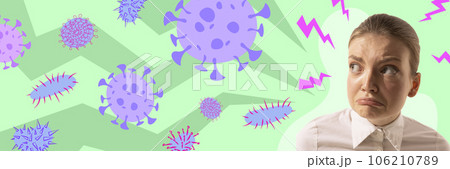 Contemporary art collage. Upset, scared woman fears approaching harmful bright bacterias of virus. Banner for ad Contemporary art collage. Upset, scared woman fears approaching harmful bright bacterias of virus. Banner for ad 106210789