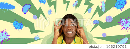 Contemporary art collage. Upset, scared african american woman fears approaching harmful bright bacterias of virus. Banner for ad Contemporary art collage. Upset, scared african american woman fears approaching harmful bright bacterias of virus. Banner for ad 106210791