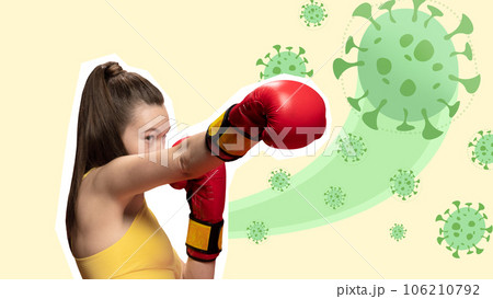Contemporary art collage. Athletic, fit girl in boxing uniform, gloves fights with harmful bright bacteria. 106210792