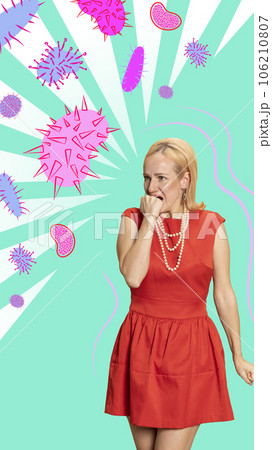 Contemporary art collage. Upset, scared woman wearing casual dress fears harmful bright bacterias of virus. 106210807