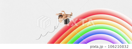 Contemporary art collage. Young frustrated, upset, scared girl rolling on colorful rainbow with confused thoughts. Banner 106210832