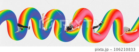 Contemporary art collage. Banner. Young people in strange poses lying in curves of gradient rainbow line. LGBTQ support. Human rights, freedom 106210833