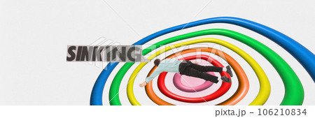 Contemporary art collage. Banner. One young man lying on rainbow circles with speech bubble with inscription sinking. LGBTQ support. Human rights Contemporary art collage. Banner. One young man lying on rainbow circles with speech bubble with inscription sinking. LGBTQ support. Human rights 106210834